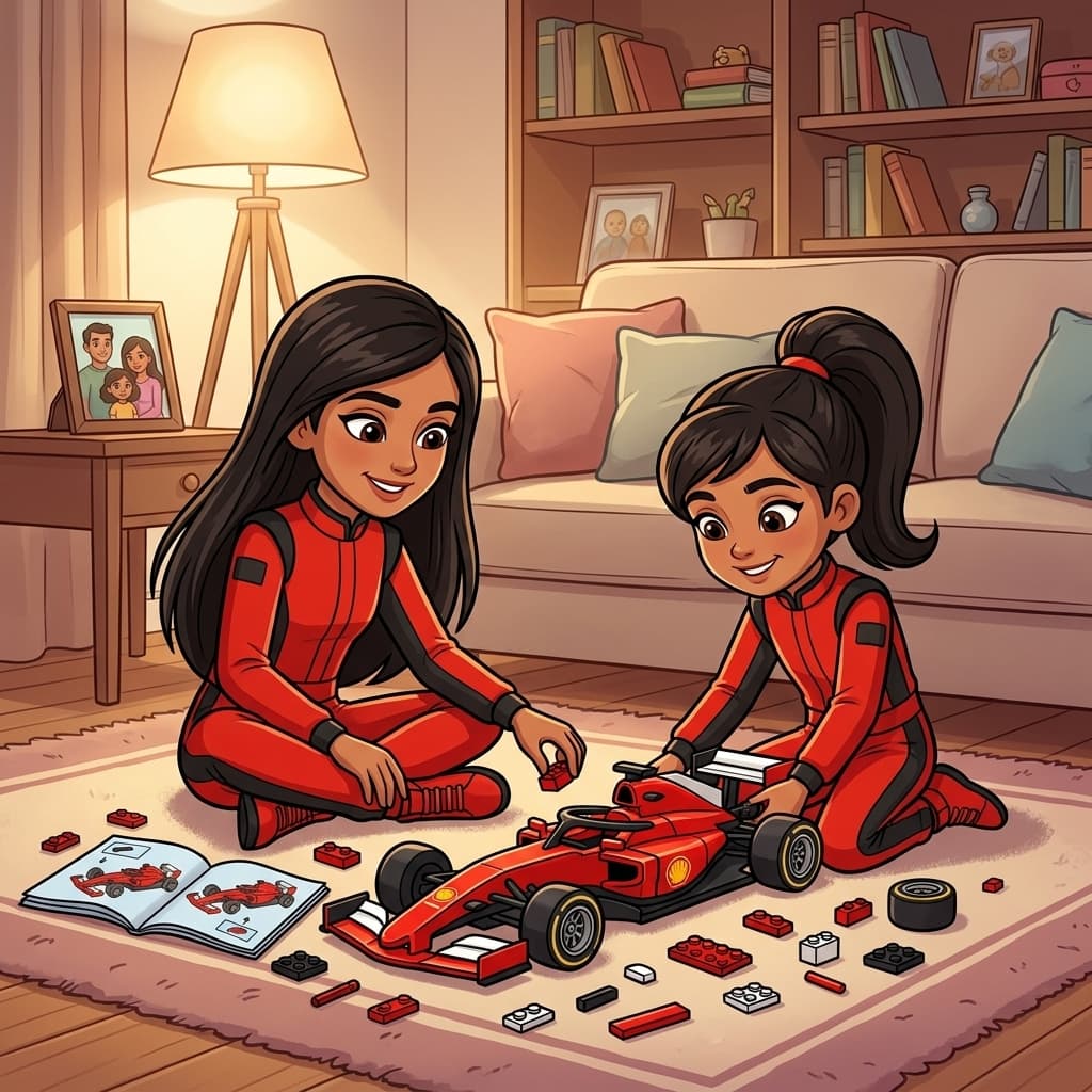 Malini and Sivi building a Formula 1 Lego car
