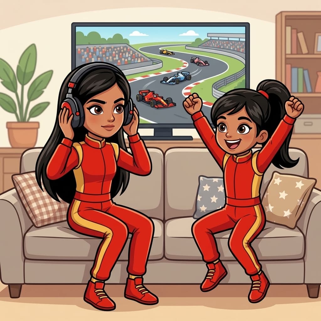 Malini and Sivi watching F1 together on TV