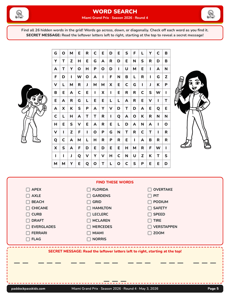 Miami packet word search — F1-themed word search with drivers, teams, and race terms