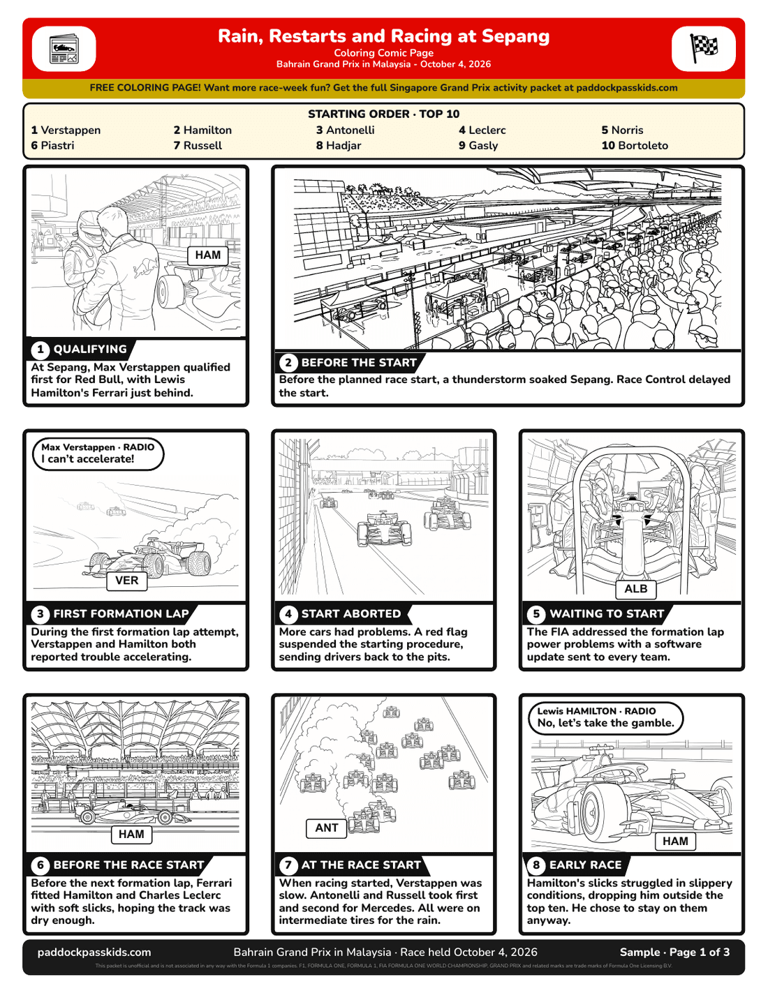 Free printable F1 coloring page based on the Bahrain Grand Prix in Malaysia, held October 4, 2026