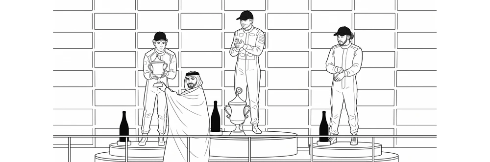 Coloring scene from the Bahrain Grand Prix in Malaysia: Verstappen won, earning Red Bull's first 2026 victory. Antonelli finished second, just over two seconds behind, with Hamilton third.