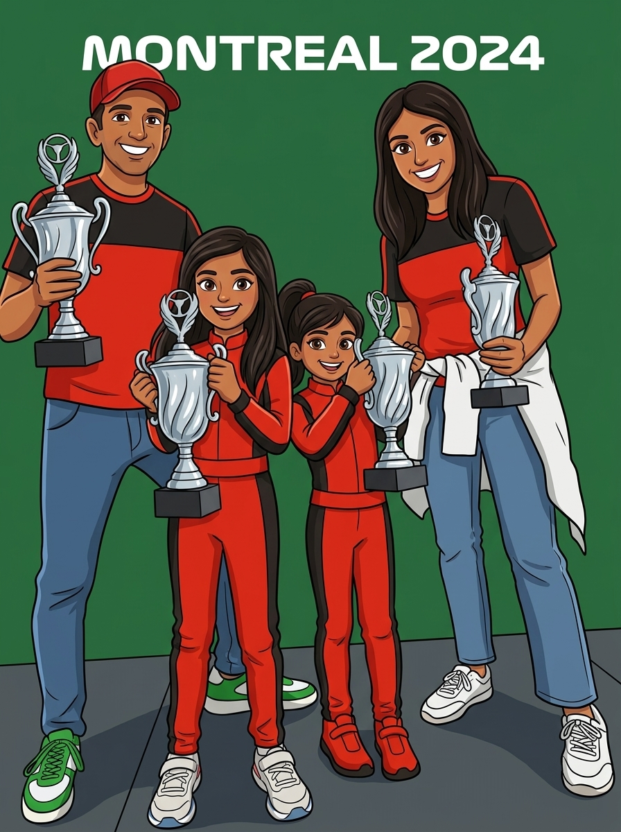 The Paddock Pass Kids family — celebrating with trophies at Montreal 2024