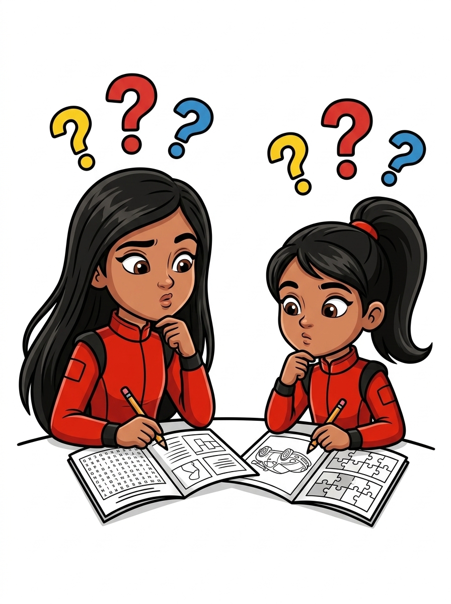 Malini and Sivi working on their Paddock Pass Kids activity packets with question marks floating above